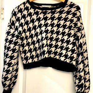 Alice and Olivia herringbone black and white check wool cropped sweater